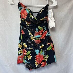 Beach Bay NWT Black Floral Print Ruched W/ Ruffle Skirt Detail One Piece Sz 12